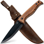 Carbon Steel Blued-Blade Bushcraft Knife Walnut Handle with Leather Sheath