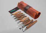 Extended Wood Carving Set (8 tools with Walnut Handles) in Genuine Leather Roll