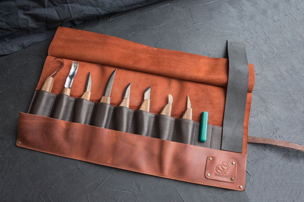 Extended Wood Carving Set (8 tools with Walnut Handles) in Genuine Lea ...