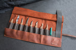 Extended Wood Carving Set (8 tools with Walnut Handles) in Genuine Leather Roll